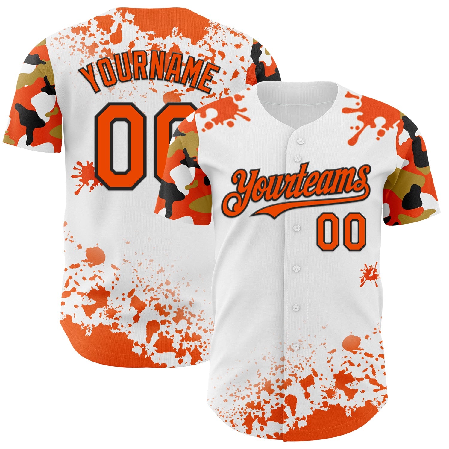 Custom White Orange Black-Old Gold Splatter Camo Two Tone Authentic Baseball Jersey - Main View