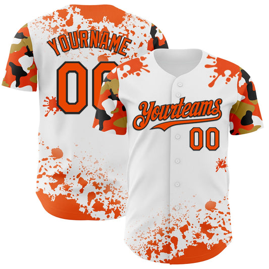 Custom White Orange Black-Old Gold Splatter Camo Two Tone Authentic Baseball Jersey - Main View