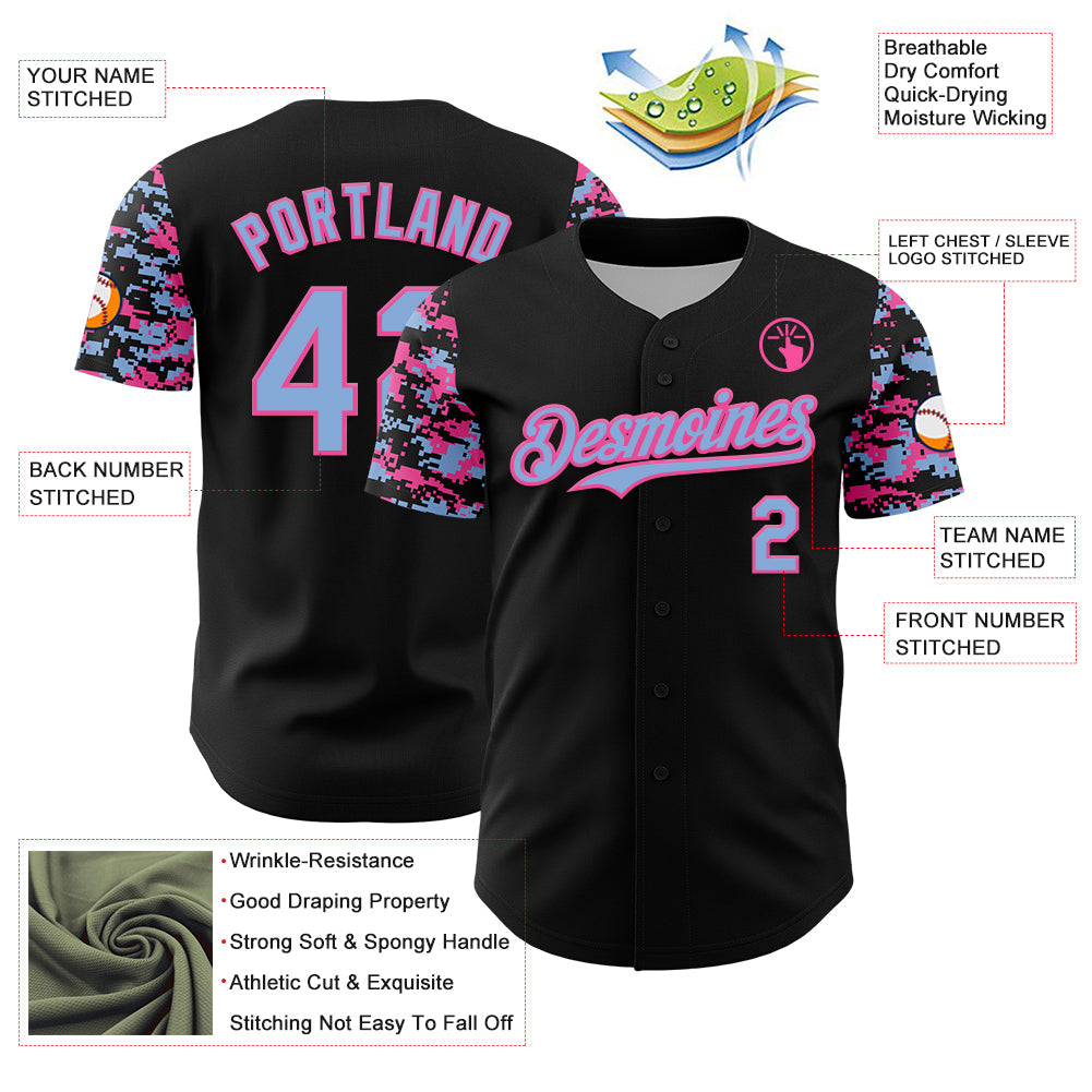 Custom Black Light Blue-Pink Digital Camo Two Tone Authentic Baseball Jersey view 3