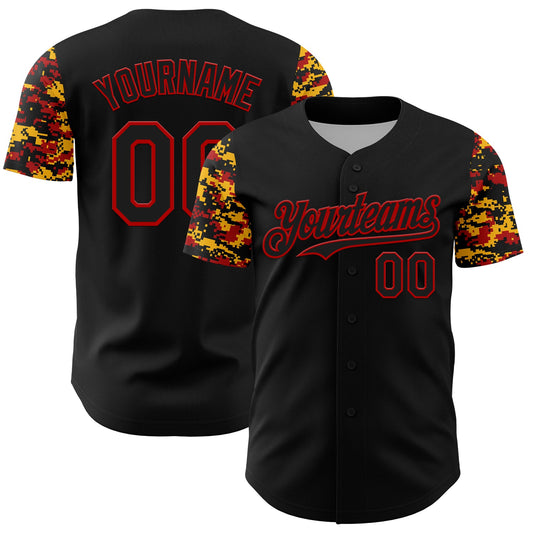 Custom Black Red-Gold Digital Camo Two Tone Authentic Baseball Jersey - Main View