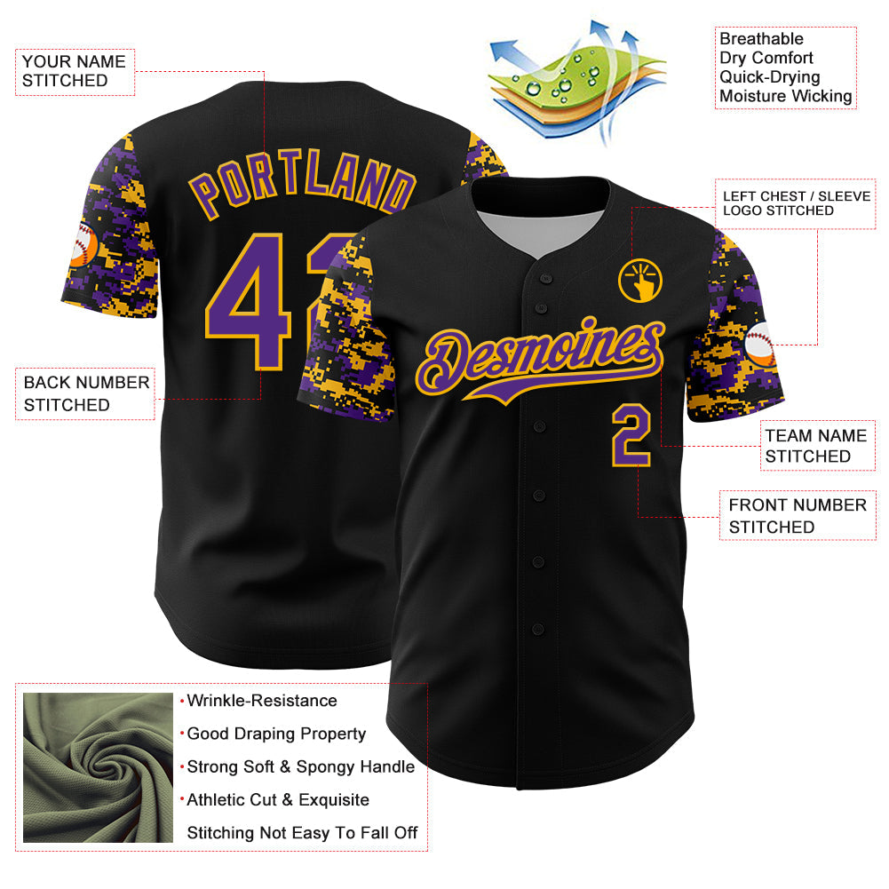 Custom Black Purple-Gold Digital Camo Two Tone Authentic Baseball Jersey view 3