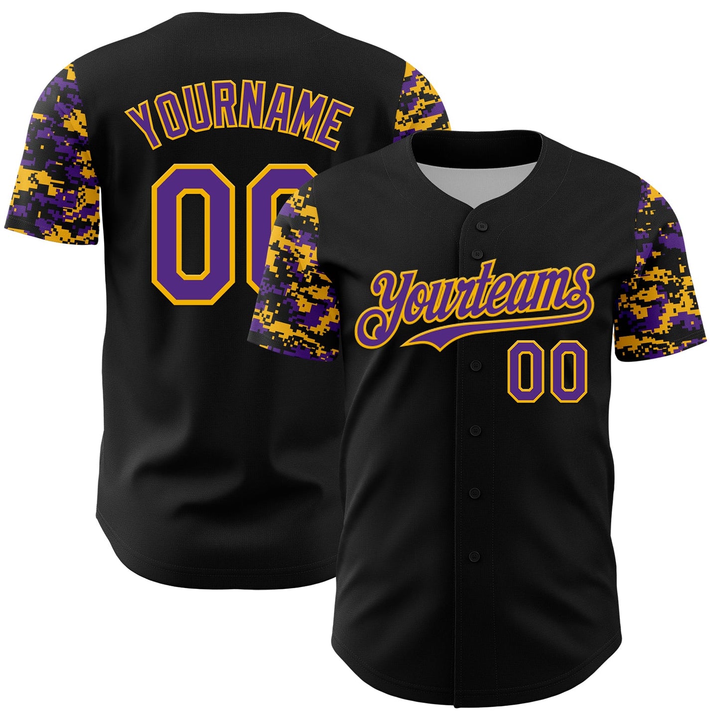 Custom Black Purple-Gold Digital Camo Two Tone Authentic Baseball Jersey - Main View