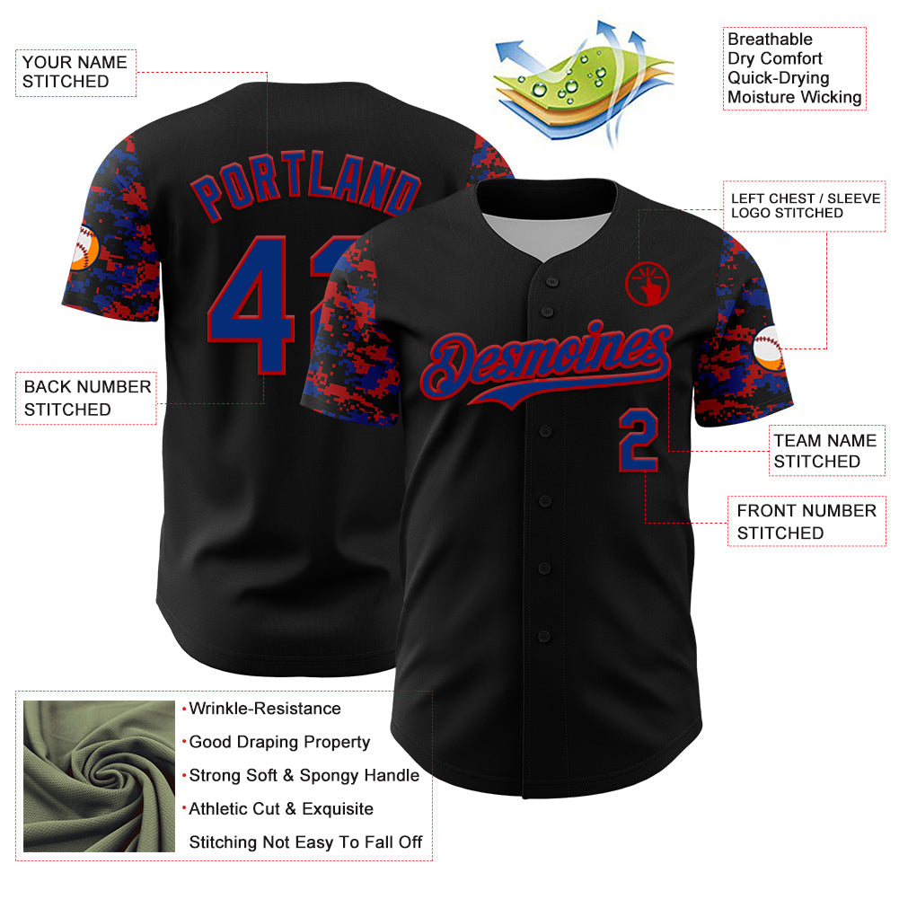 Custom Black Royal-Red Digital Camo Two Tone Authentic Baseball Jersey view 3