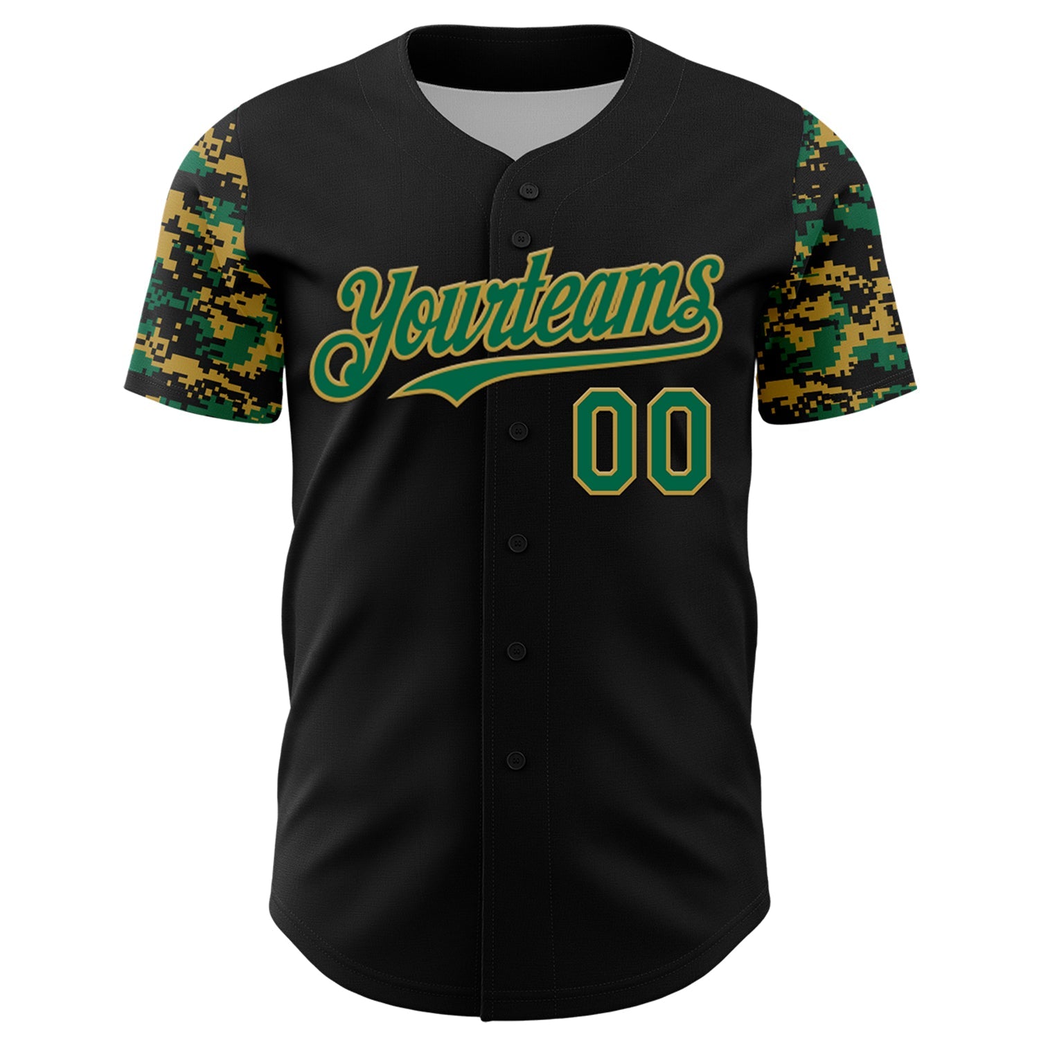 Custom Black Kelly Green-Old Gold Digital Camo Two Tone Authentic Baseball Jersey view 2