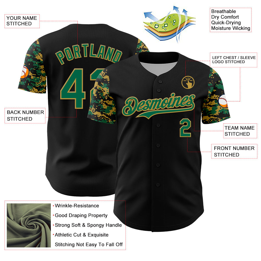 Custom Black Kelly Green-Old Gold Digital Camo Two Tone Authentic Baseball Jersey view 3