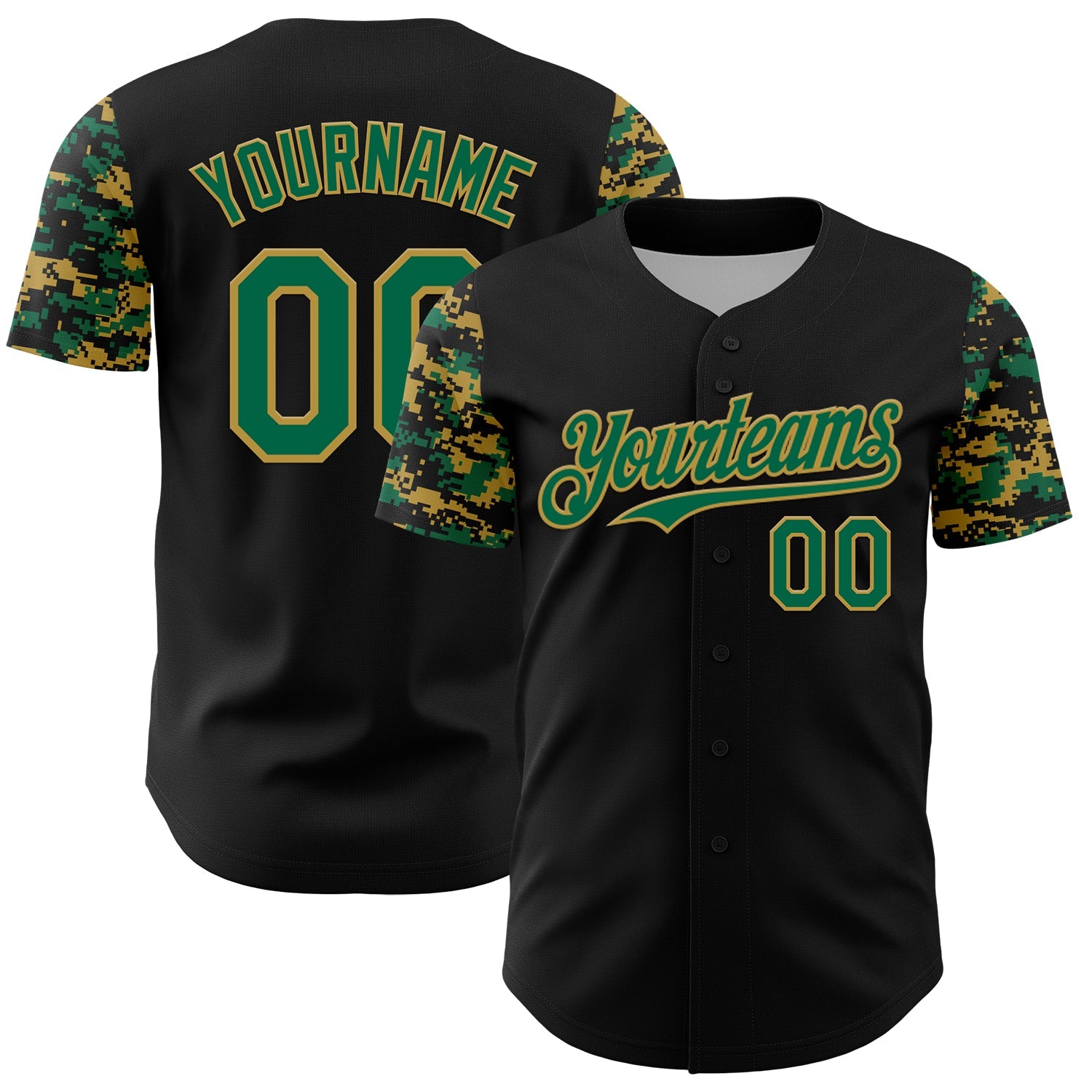 Custom Black Kelly Green-Old Gold Digital Camo Two Tone Authentic Baseball Jersey - Main View