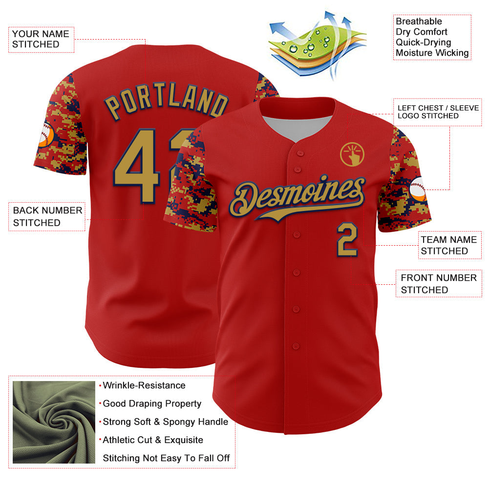 Custom Red Old Gold-Navy Digital Camo Two Tone Authentic Baseball Jersey view 3