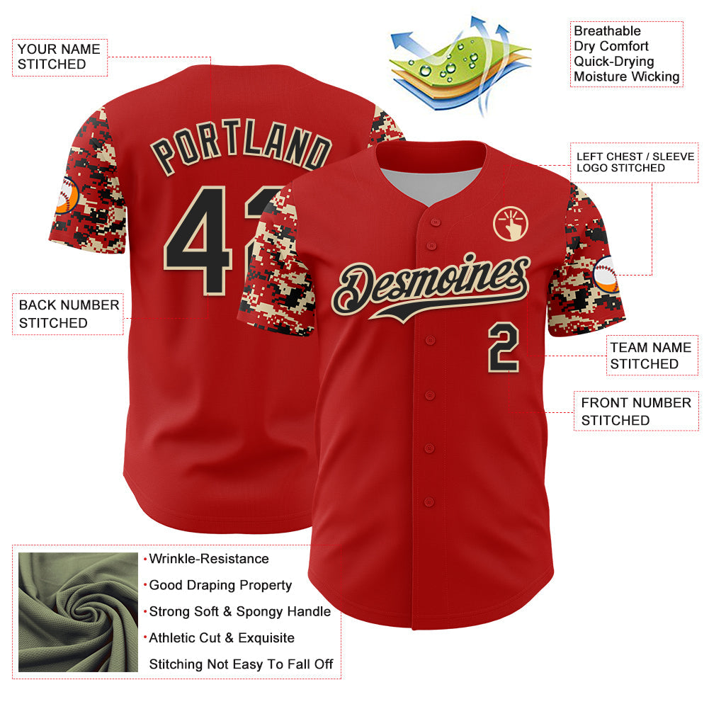 Custom Red Black-Cream Digital Camo Two Tone Authentic Baseball Jersey view 3