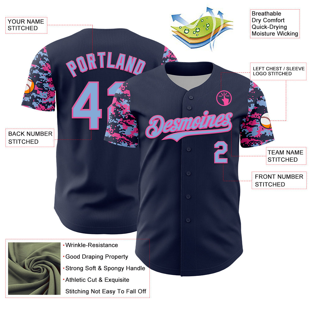 Custom Navy Light Blue-Pink Digital Camo Two Tone Authentic Baseball Jersey view 3