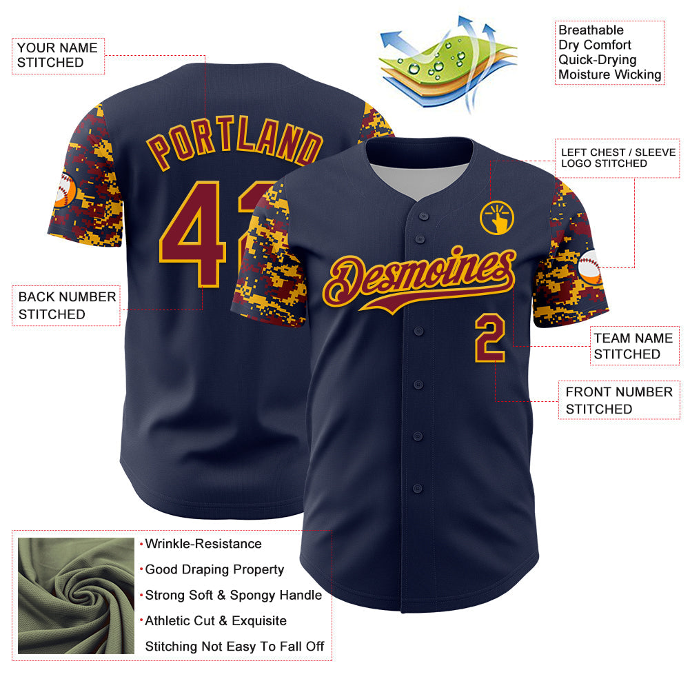 Custom Navy Crimson-Gold Digital Camo Two Tone Authentic Baseball Jersey view 3