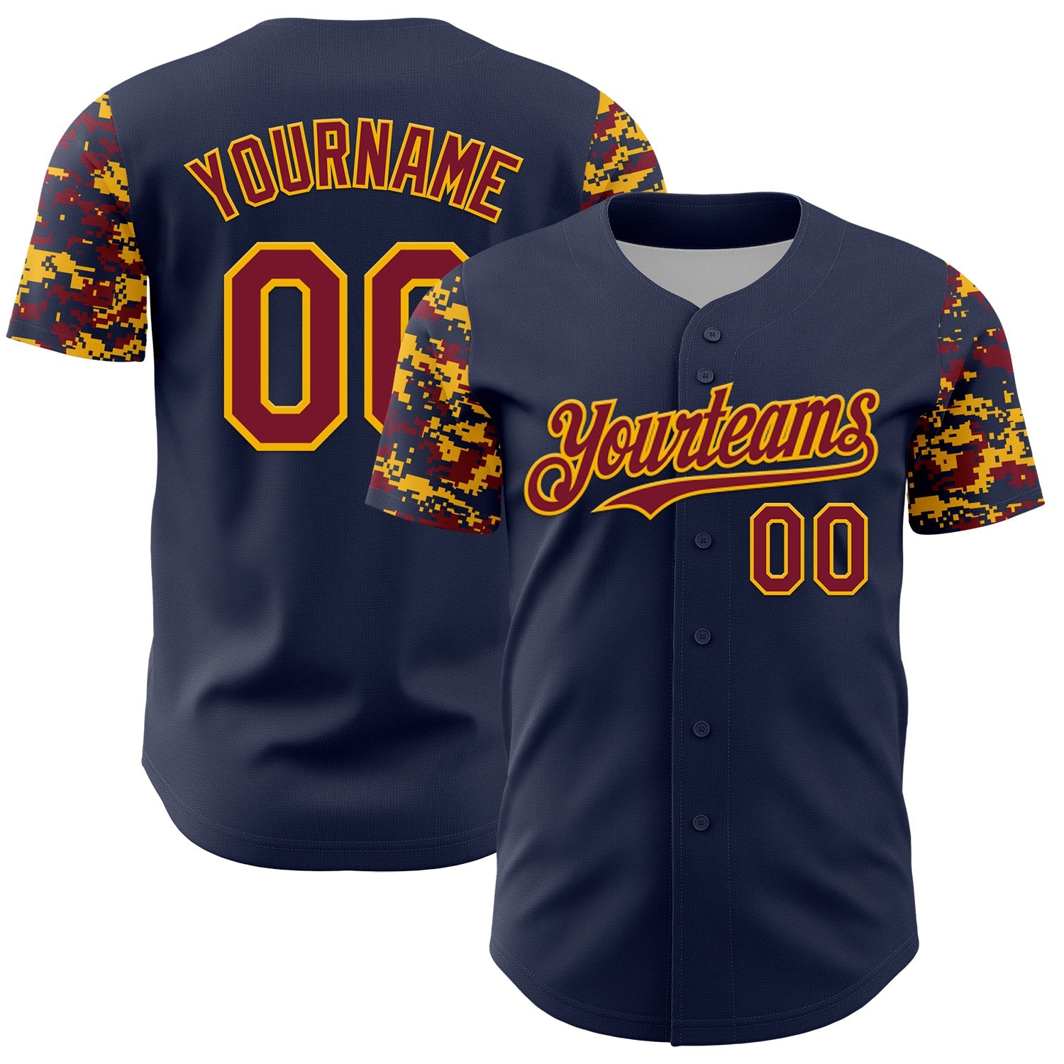 Custom Navy Crimson-Gold Digital Camo Two Tone Authentic Baseball Jersey - Main View