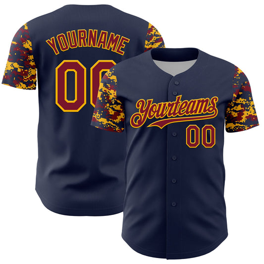 Custom Navy Crimson-Gold Digital Camo Two Tone Authentic Baseball Jersey - Main View