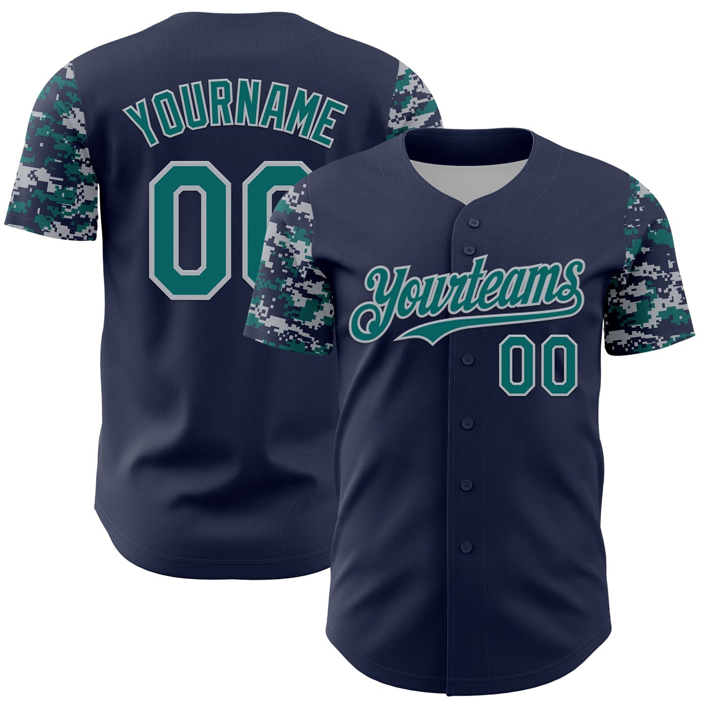 Custom Navy Teal-Gray Digital Camo Two Tone Authentic Baseball Jersey - Main View