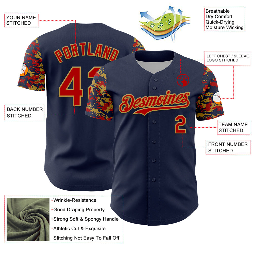 Custom Navy Red-Old Gold Digital Camo Two Tone Authentic Baseball Jersey view 3