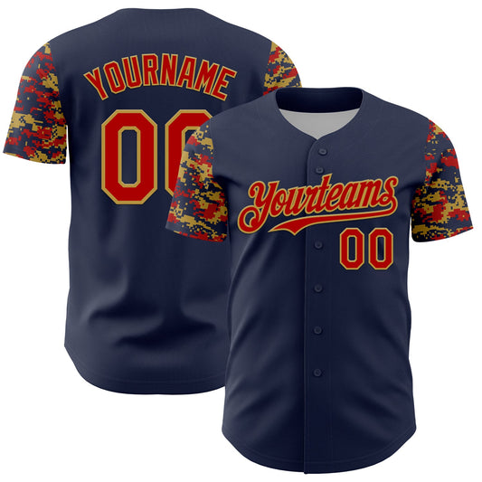 Custom Navy Red-Old Gold Digital Camo Two Tone Authentic Baseball Jersey - Main View