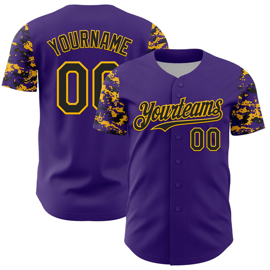 Custom Purple Black-Gold Digital Camo Two Tone Authentic Baseball Jersey - Main View
