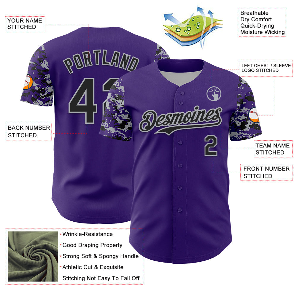 Custom Purple Black-Gray Digital Camo Two Tone Authentic Baseball Jersey view 3