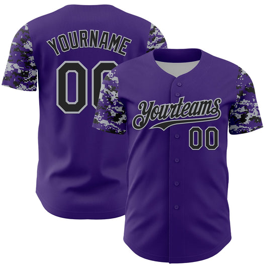 Custom Purple Black-Gray Digital Camo Two Tone Authentic Baseball Jersey - Main View