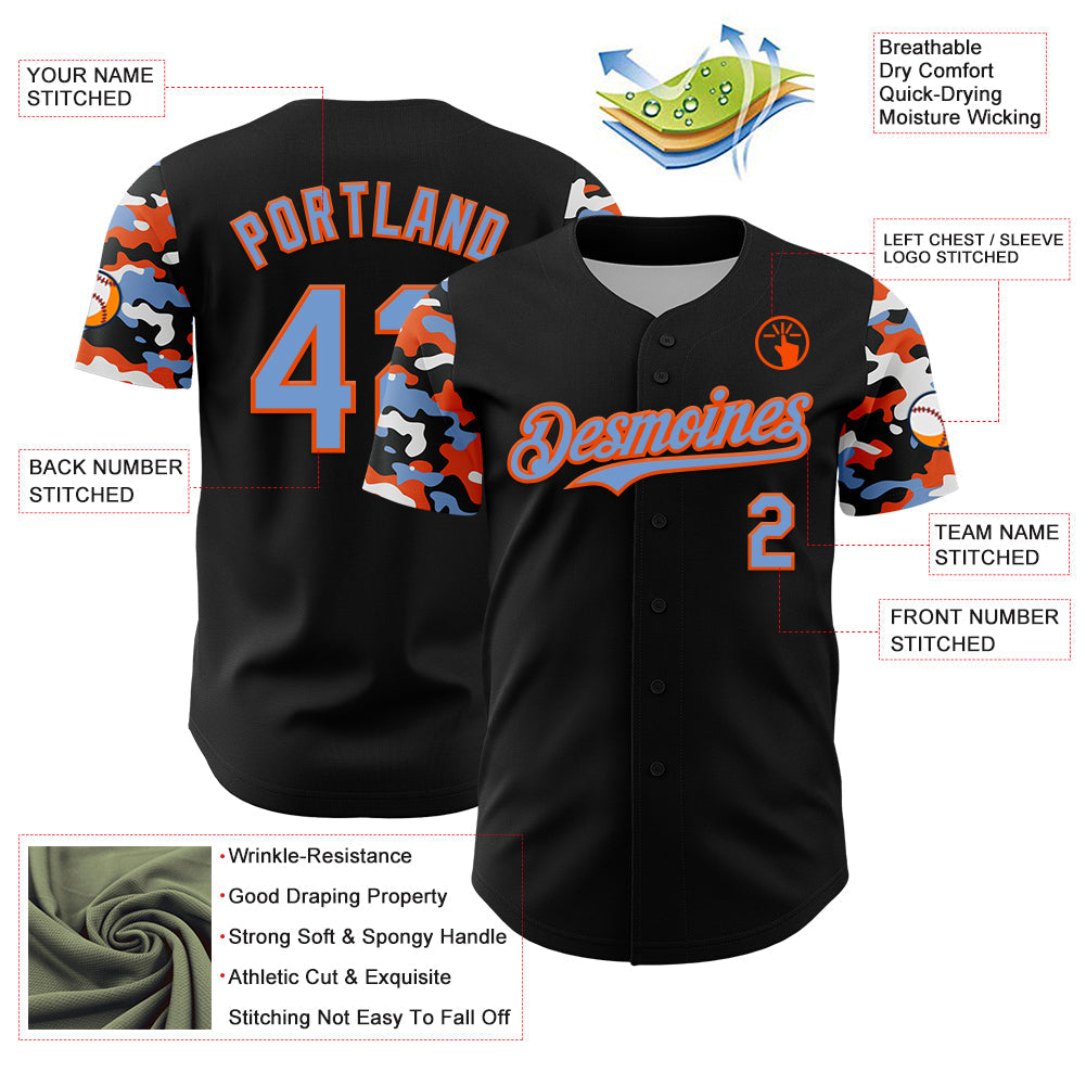 Custom Black Powder Blue Orange-White Digital Camo Two Tone Authentic Baseball Jersey view 3