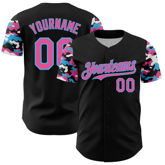 Custom Black Pink Sky Blue-White Digital Camo Two Tone Authentic Baseball Jersey - Main View