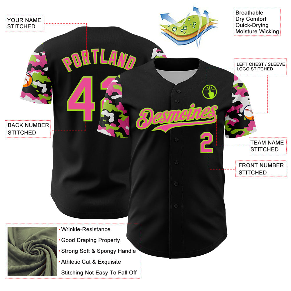 Custom Black Pink Neon Green-White Digital Camo Two Tone Authentic Baseball Jersey view 3