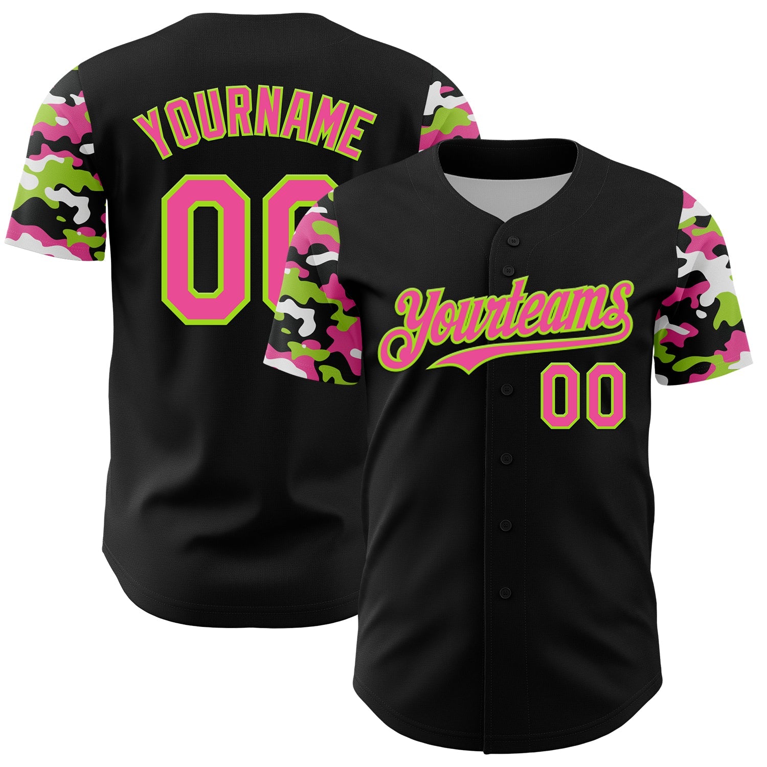 Custom Black Pink Neon Green-White Digital Camo Two Tone Authentic Baseball Jersey - Main View