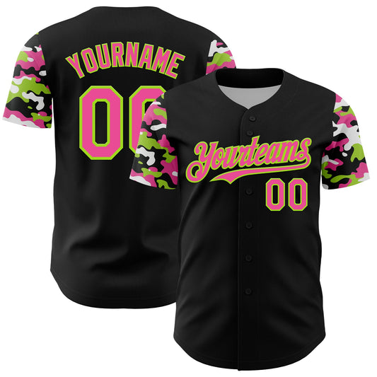 Custom Black Pink Neon Green-White Digital Camo Two Tone Authentic Baseball Jersey - Main View