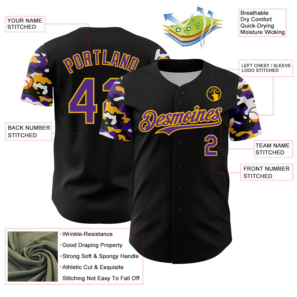 Custom Black Purple Gold-White Digital Camo Two Tone Authentic Baseball Jersey view 3