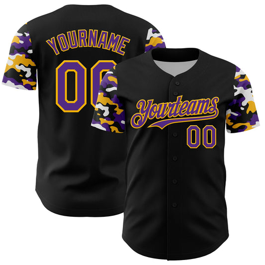 Custom Black Purple Gold-White Digital Camo Two Tone Authentic Baseball Jersey - Main View