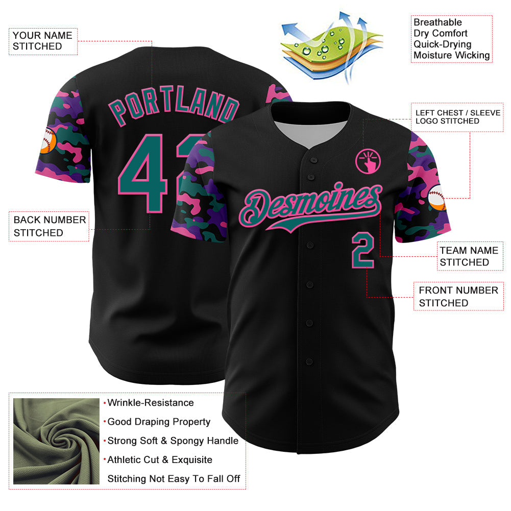 Custom Black Teal Pink-Purple Digital Camo Two Tone Authentic Baseball Jersey view 3