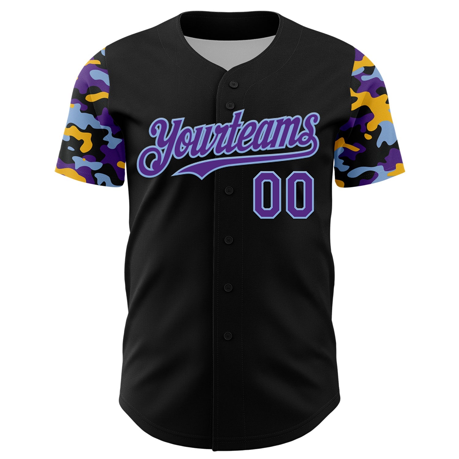 Custom Black Purple Light Blue-Gold Digital Camo Two Tone Authentic Baseball Jersey view 2