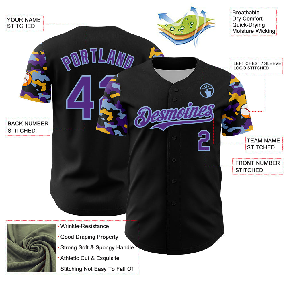 Custom Black Purple Light Blue-Gold Digital Camo Two Tone Authentic Baseball Jersey view 3