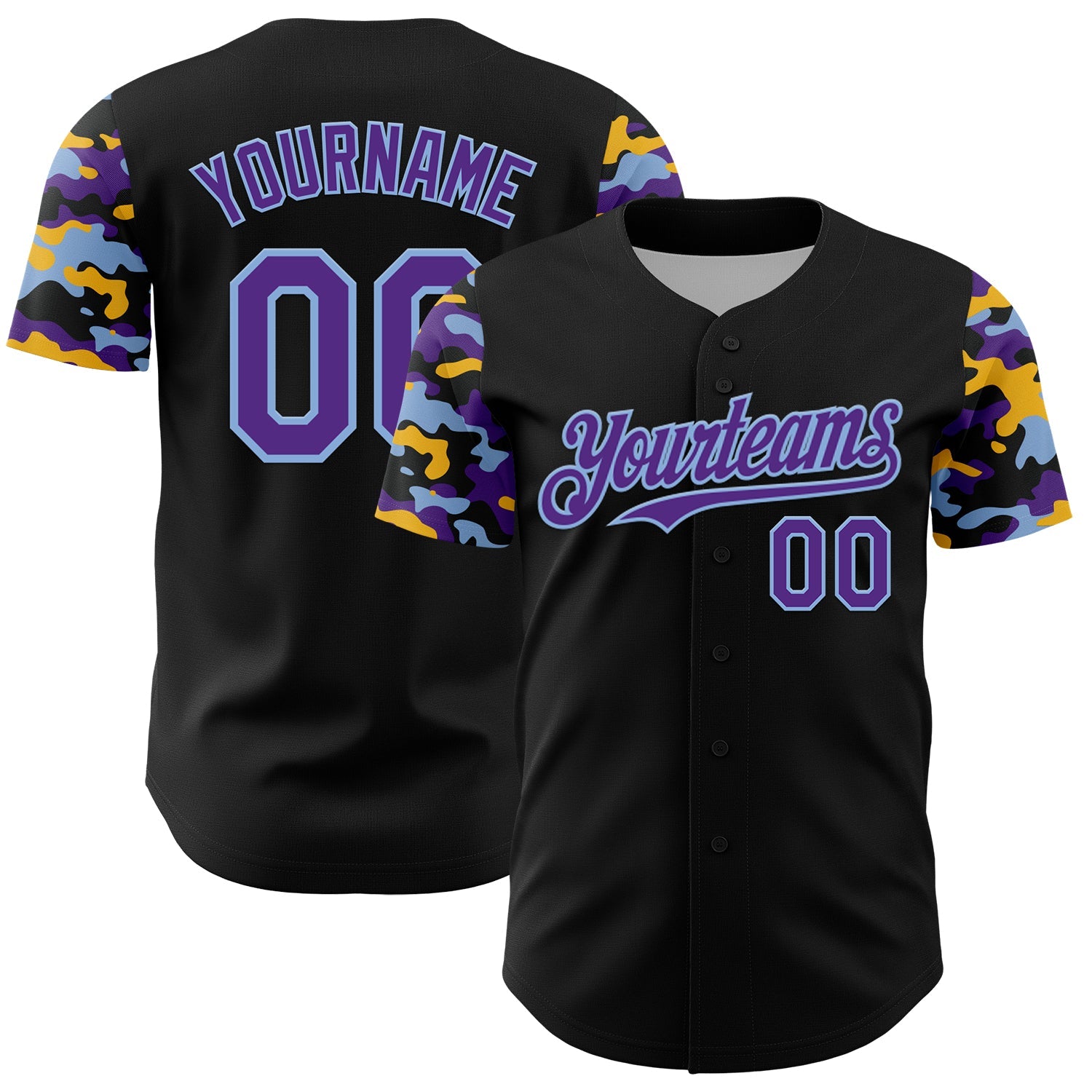 Custom Black Purple Light Blue-Gold Digital Camo Two Tone Authentic Baseball Jersey - Main View