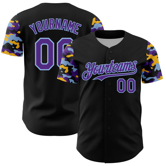 Custom Black Purple Light Blue-Gold Digital Camo Two Tone Authentic Baseball Jersey - Main View