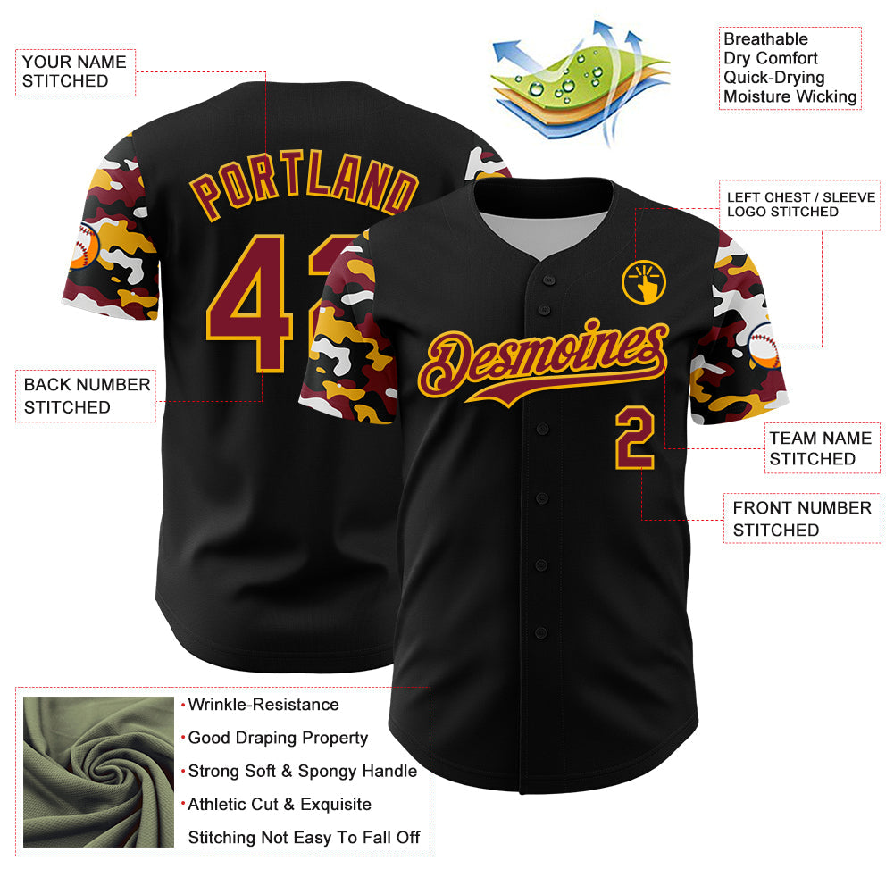 Custom Black Crimson Gold-White Digital Camo Two Tone Authentic Baseball Jersey view 3