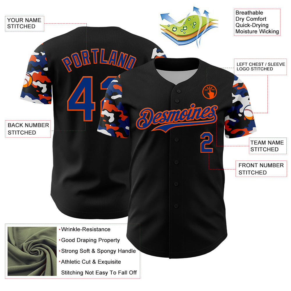 Custom Black Royal Orange-White Digital Camo Two Tone Authentic Baseball Jersey view 3