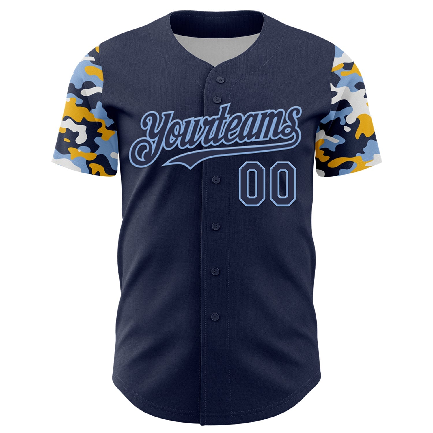 Custom Navy Light Blue Gold-White Digital Camo Two Tone Authentic Baseball Jersey view 2