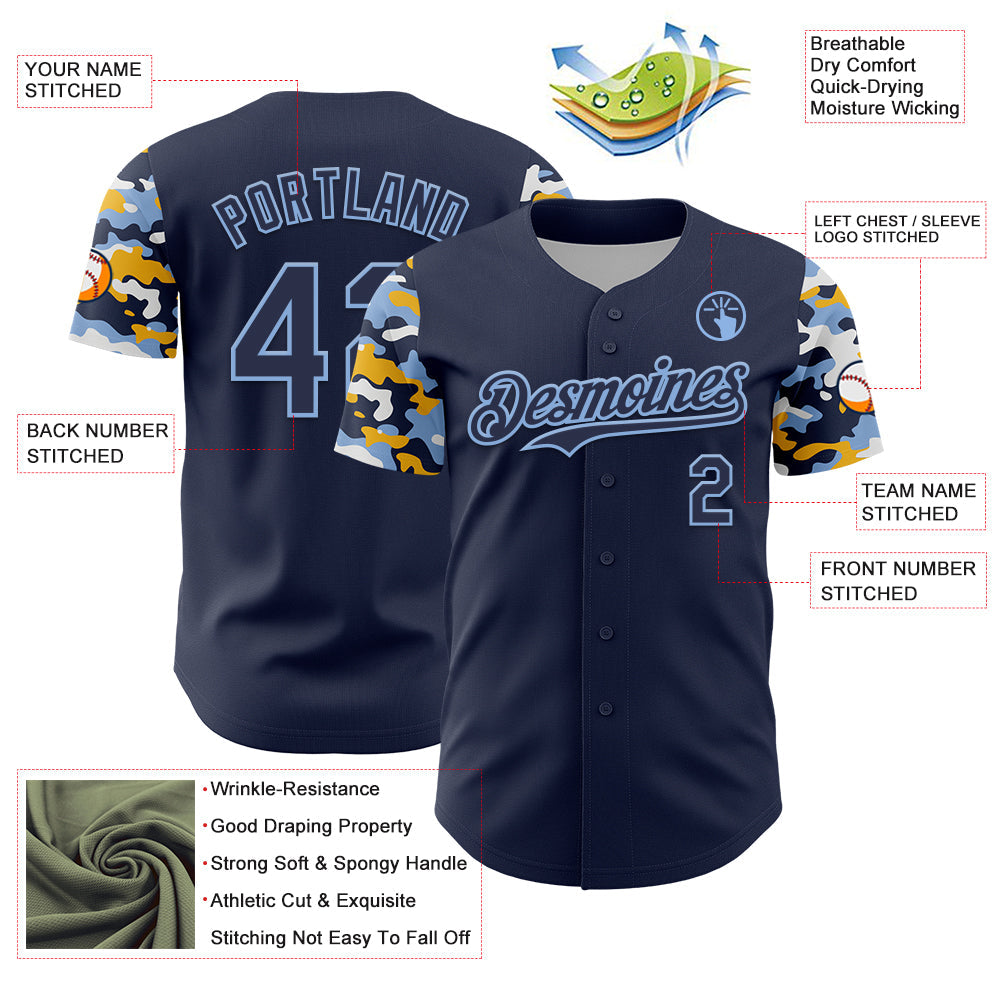 Custom Navy Light Blue Gold-White Digital Camo Two Tone Authentic Baseball Jersey view 3