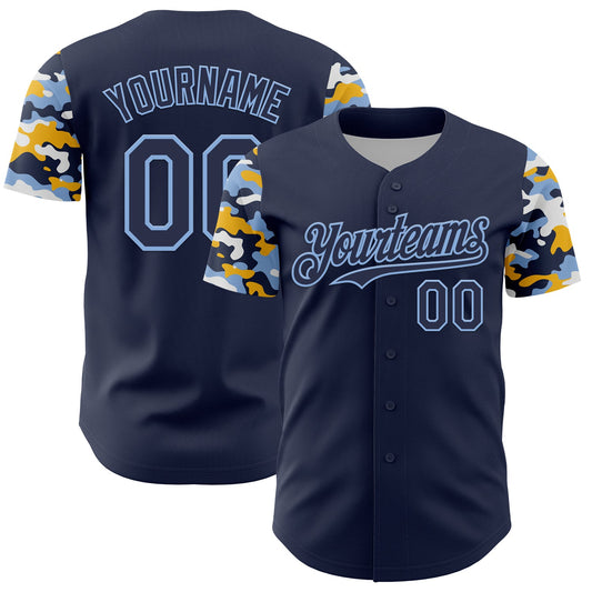 Custom Navy Light Blue Gold-White Digital Camo Two Tone Authentic Baseball Jersey - Main View