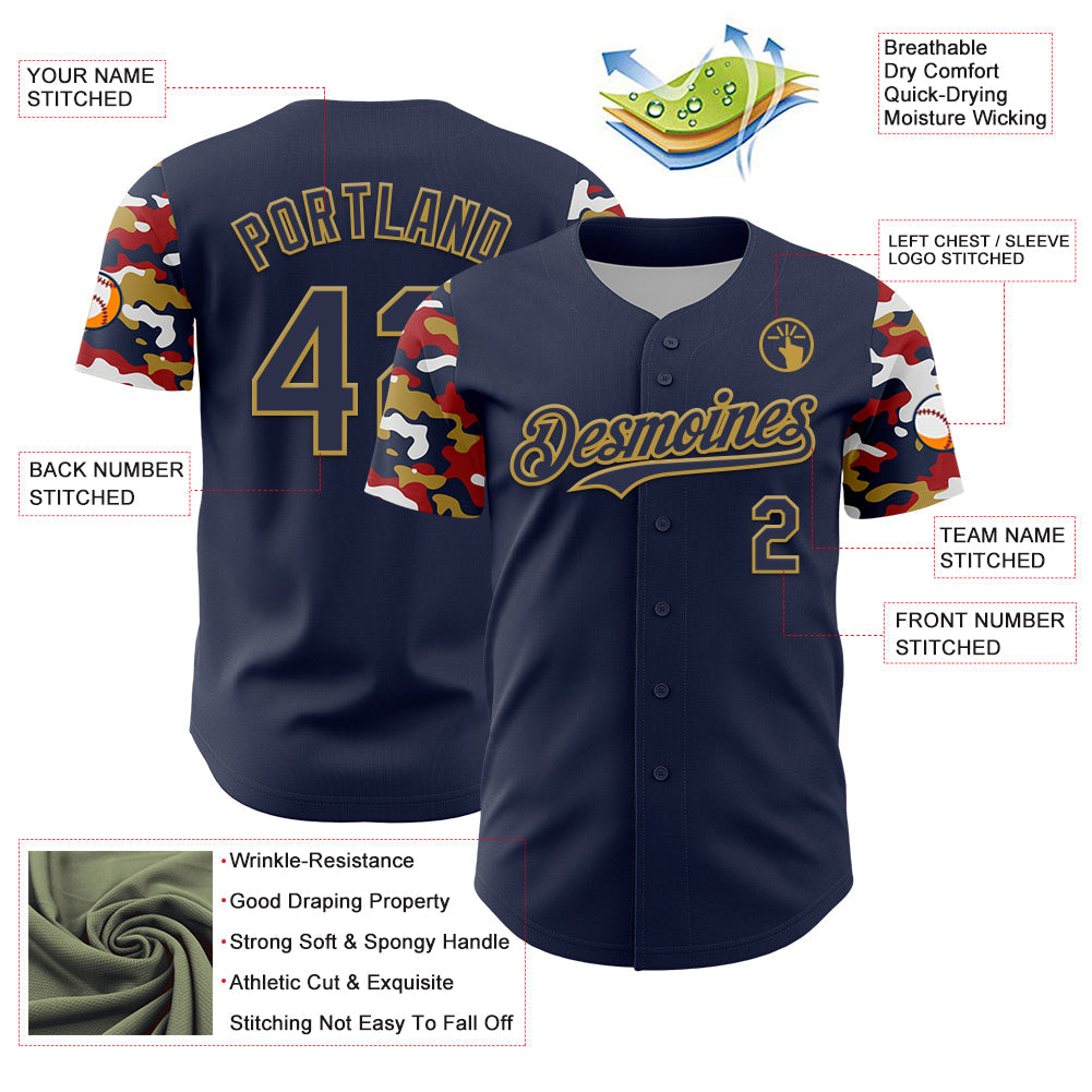 Custom Navy Old Gold Red-White Digital Camo Two Tone Authentic Baseball Jersey view 3
