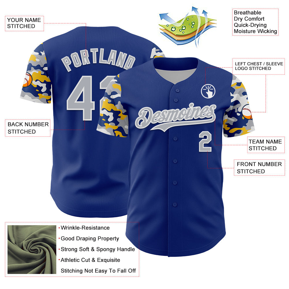 Custom Royal Gray White-Yellow Digital Camo Two Tone Authentic Baseball Jersey view 3