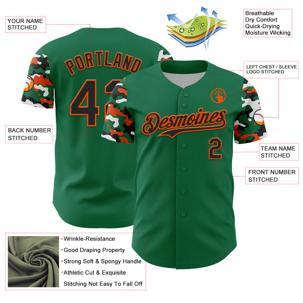 Custom Kelly Green Black Orange-White Digital Camo Two Tone Authentic Baseball Jersey view 3