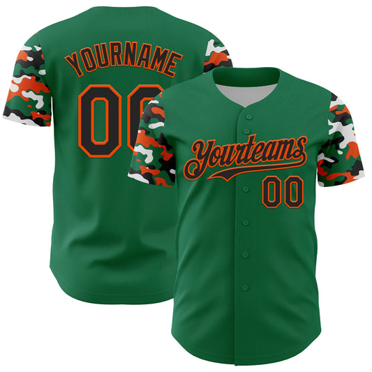 Custom Kelly Green Black Orange-White Digital Camo Two Tone Authentic Baseball Jersey - Main View