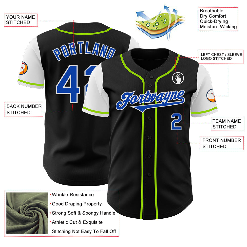 Custom Black Thunder Blue Neon Green-White Two Tone Authentic Baseball Jersey view 3