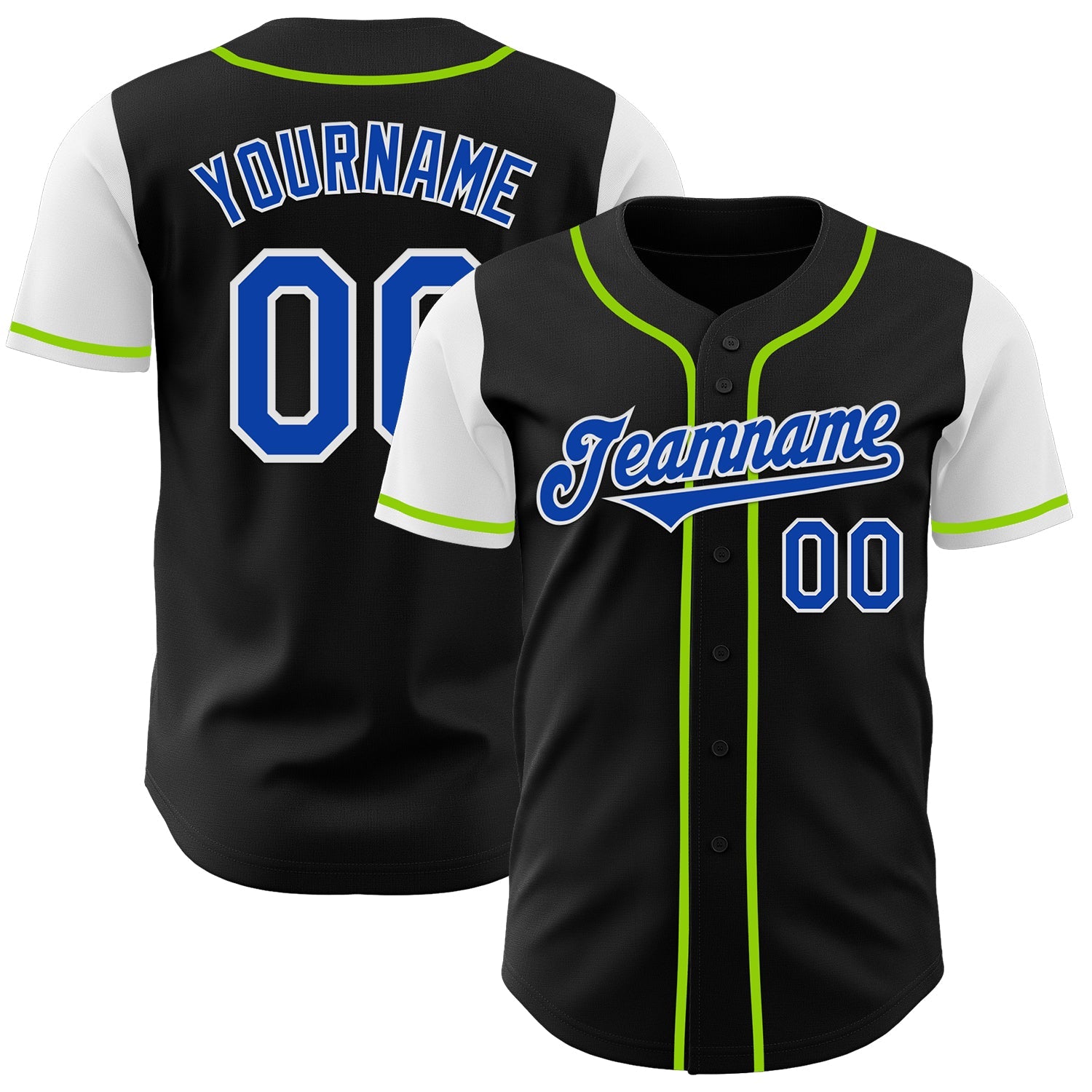 Custom Black Thunder Blue Neon Green-White Two Tone Authentic Baseball Jersey - Main View