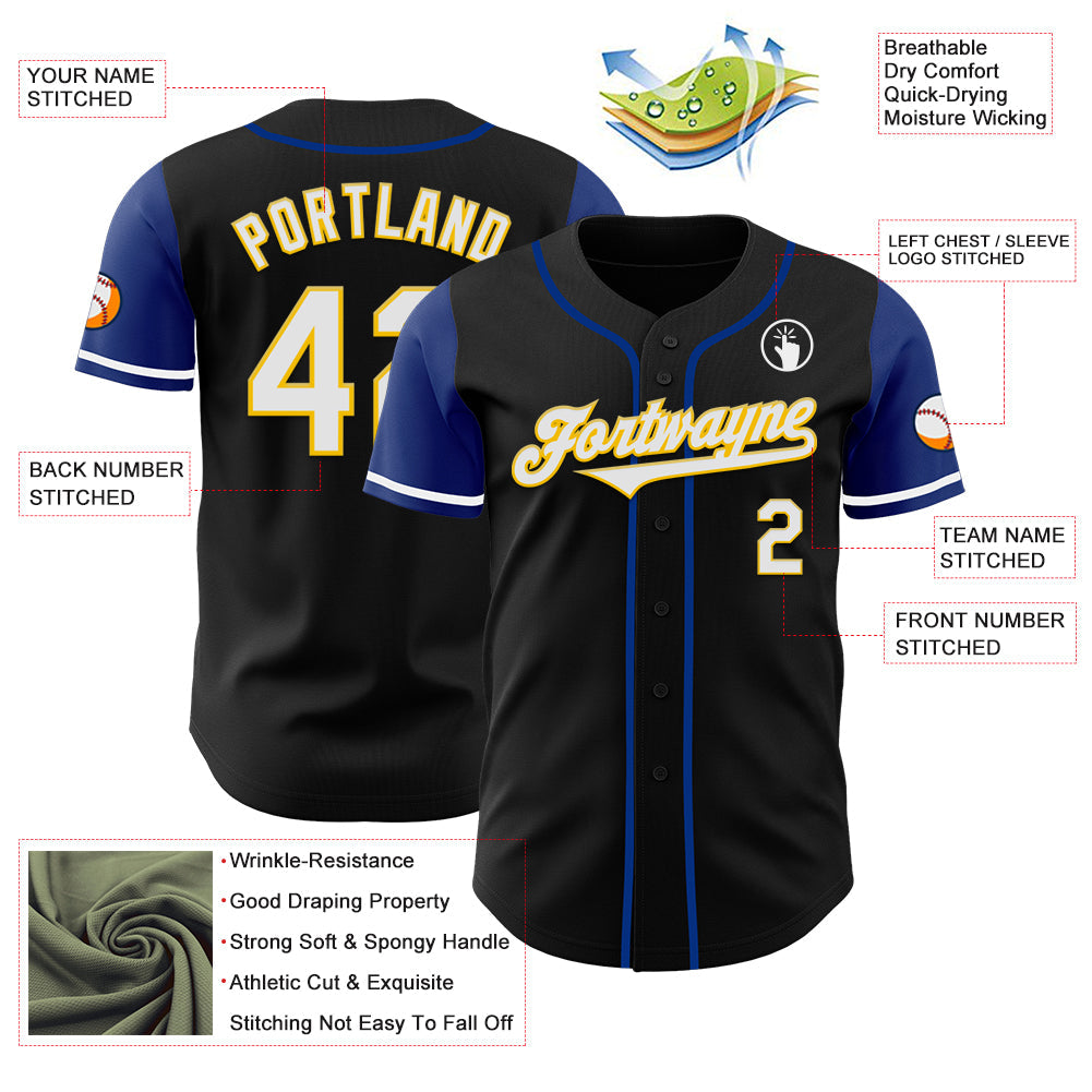 Custom Black White Royal-Yellow Two Tone Authentic Baseball Jersey view 3