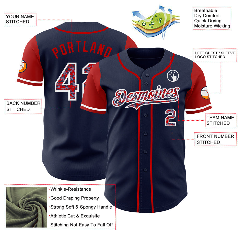 Custom Navy Camo Red-White Authentic Two Tone Baseball Jersey view 3