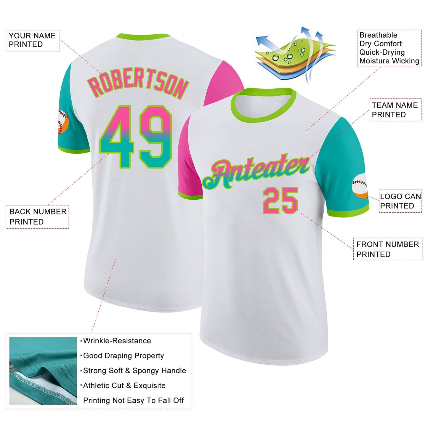 Custom White Pink Aqua-Neon Green Gradient Two Tone Performance T-Shirt view 2