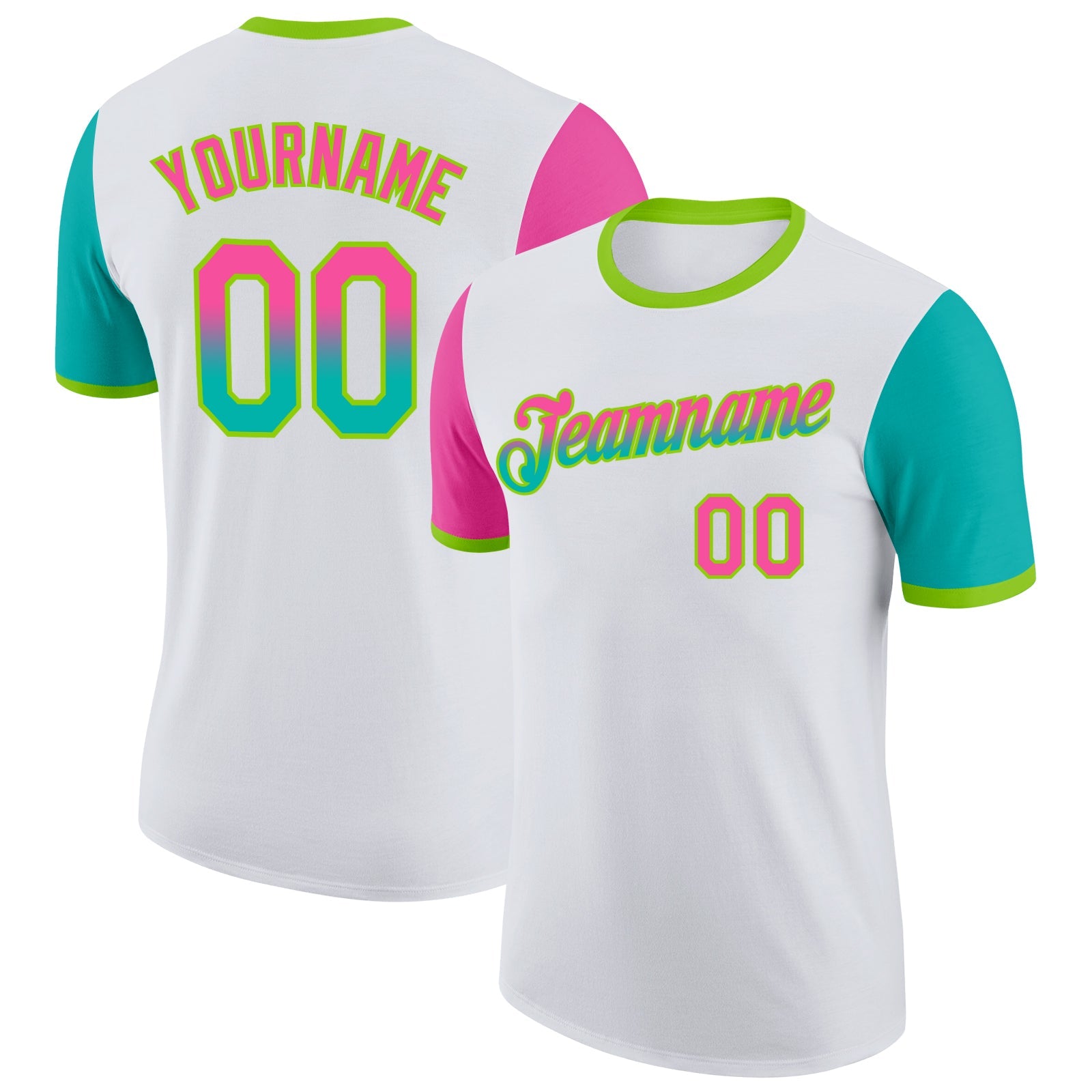 Custom White Pink Aqua-Neon Green Gradient Two Tone Performance T-Shirt - Main View