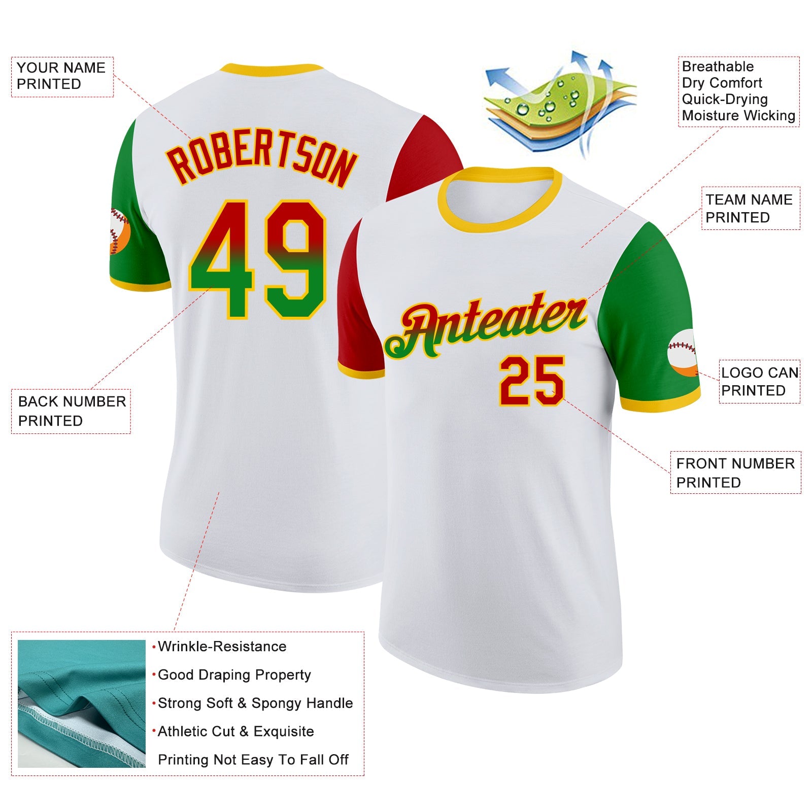 Custom White Red Grass Green-Yellow Gradient Two Tone Performance T-Shirt view 2